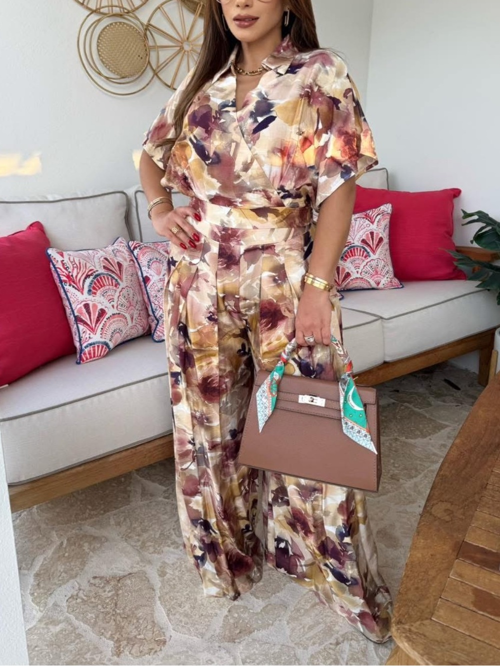 NWOT Floral Wrap top and matching palazo pants in Cream and Mauve